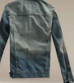 Men's blue denim jacket and jeans set in sizes S to XXXL with long sleeves and detailed size chart.