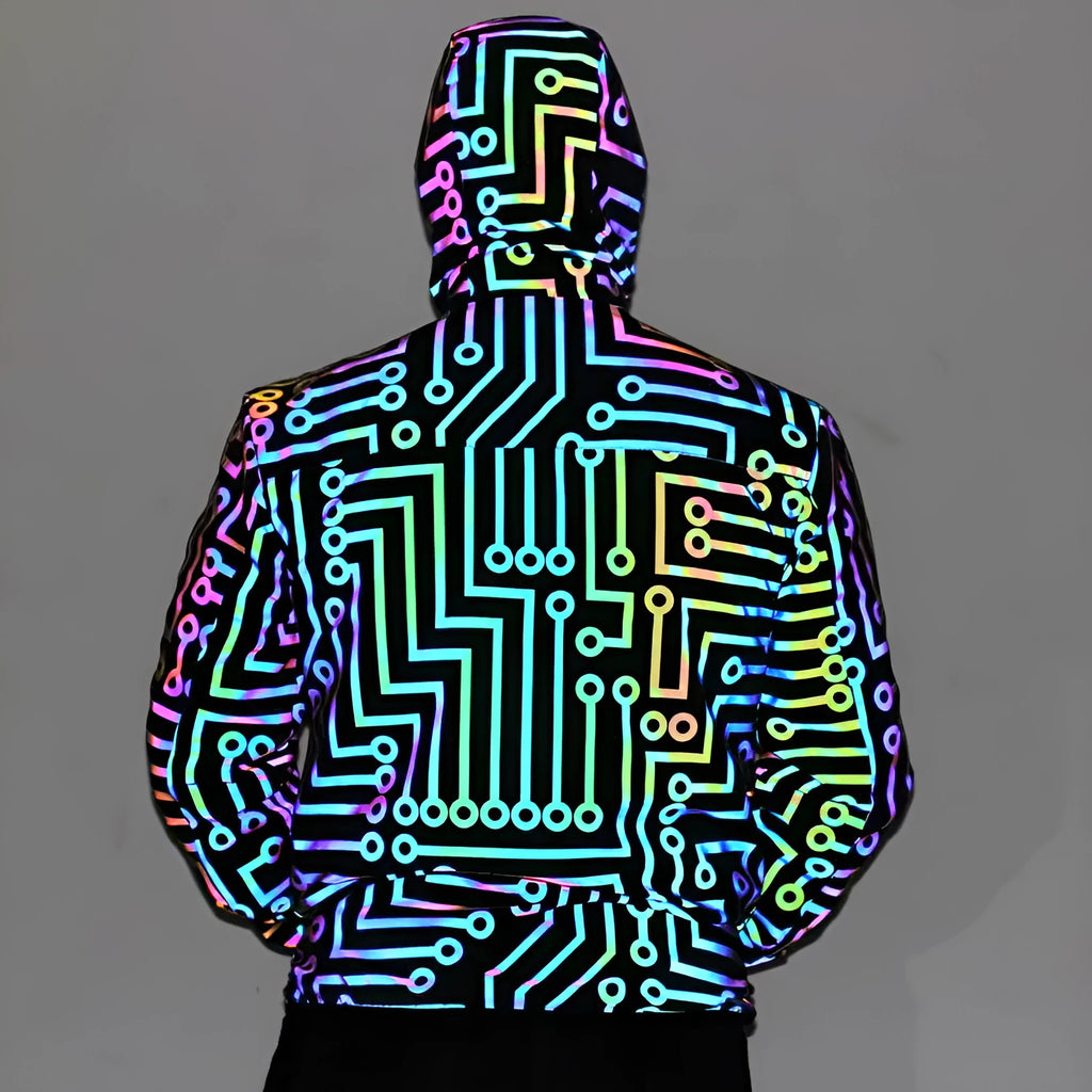 Men and women colorful reflective hooded polyester dance jacket in black with straight hem