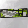 Two-tone PBT mechanical keyboard keycap set with themed colour schemes on black keyboard