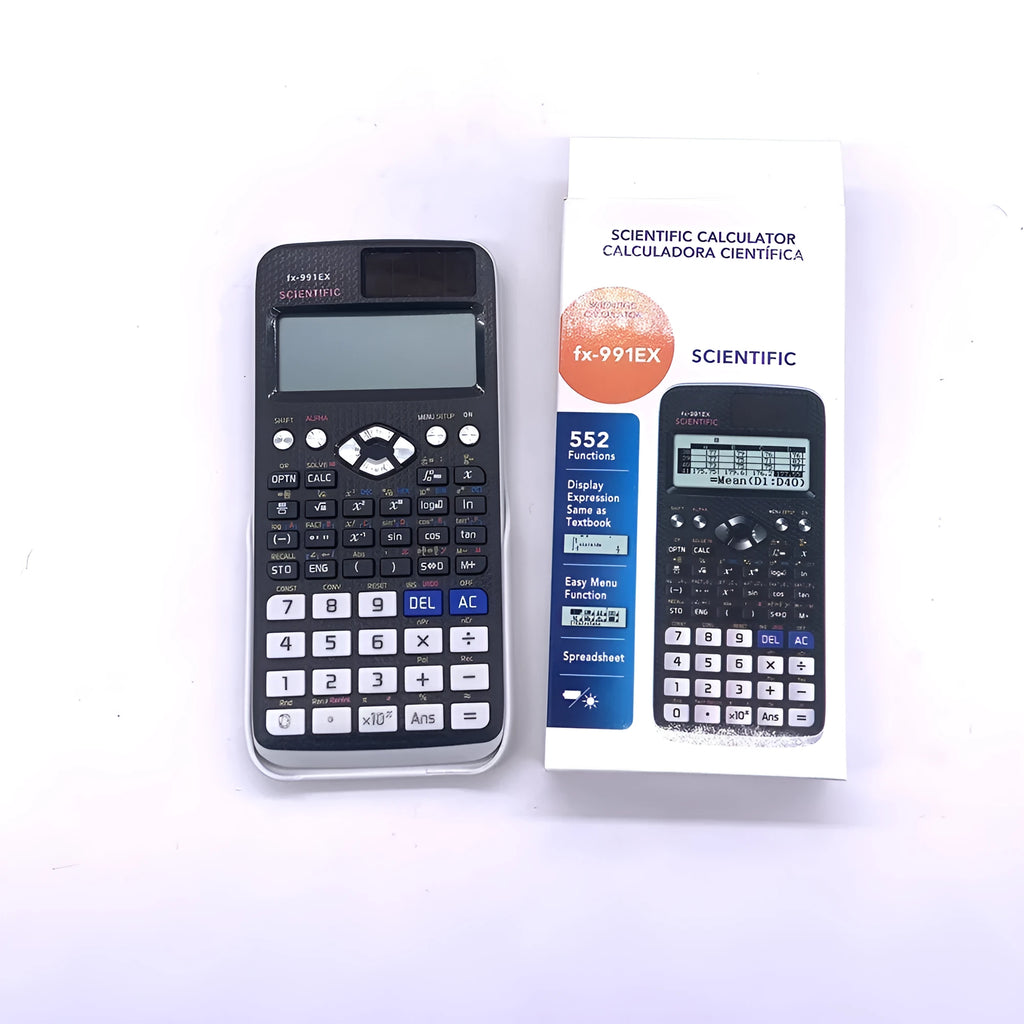 CASIO fx-991EX scientific calculator in black, blue, or pink with solar panel and dot matrix display