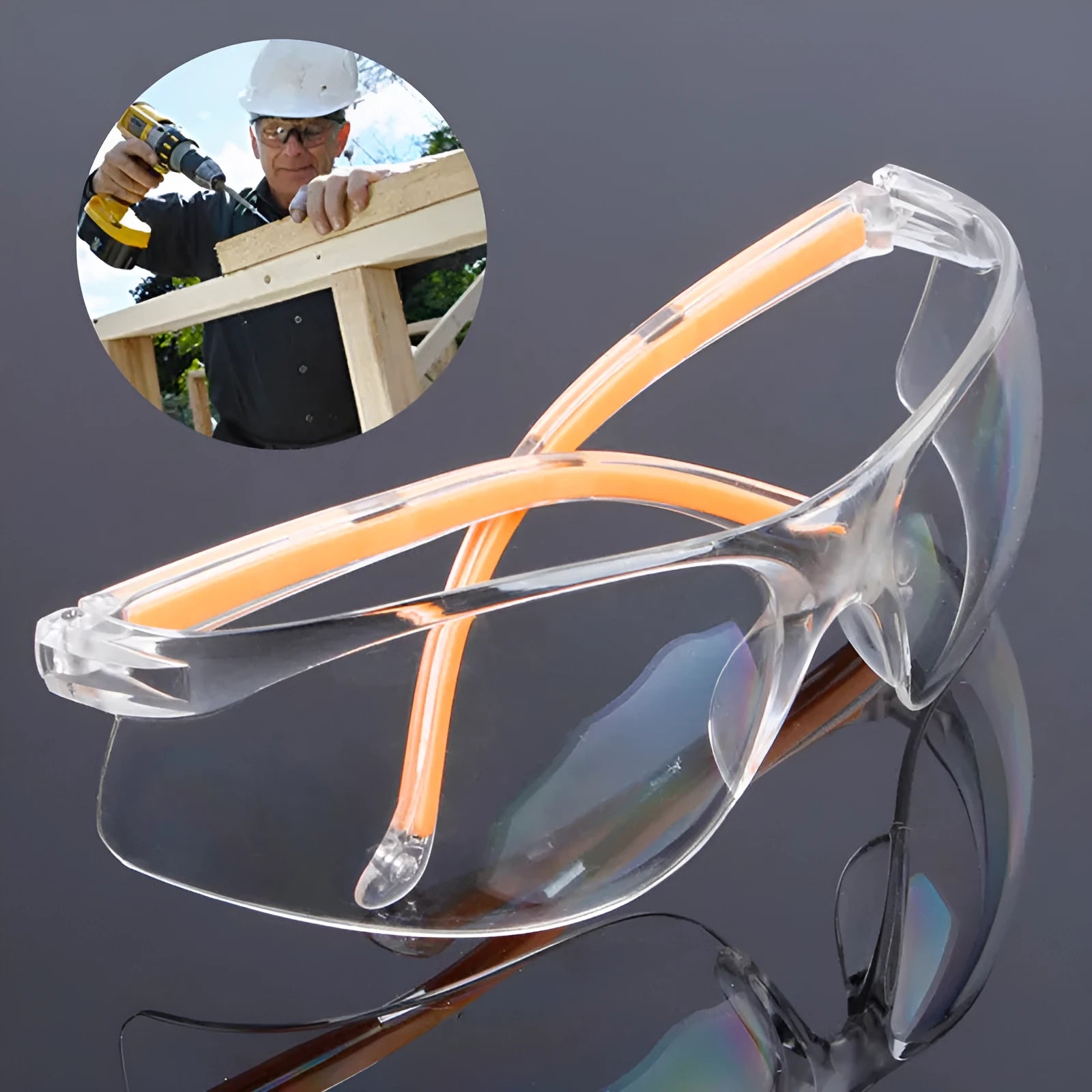 Transparent polycarbonate safety goggles with yellow lenses for eye protection.