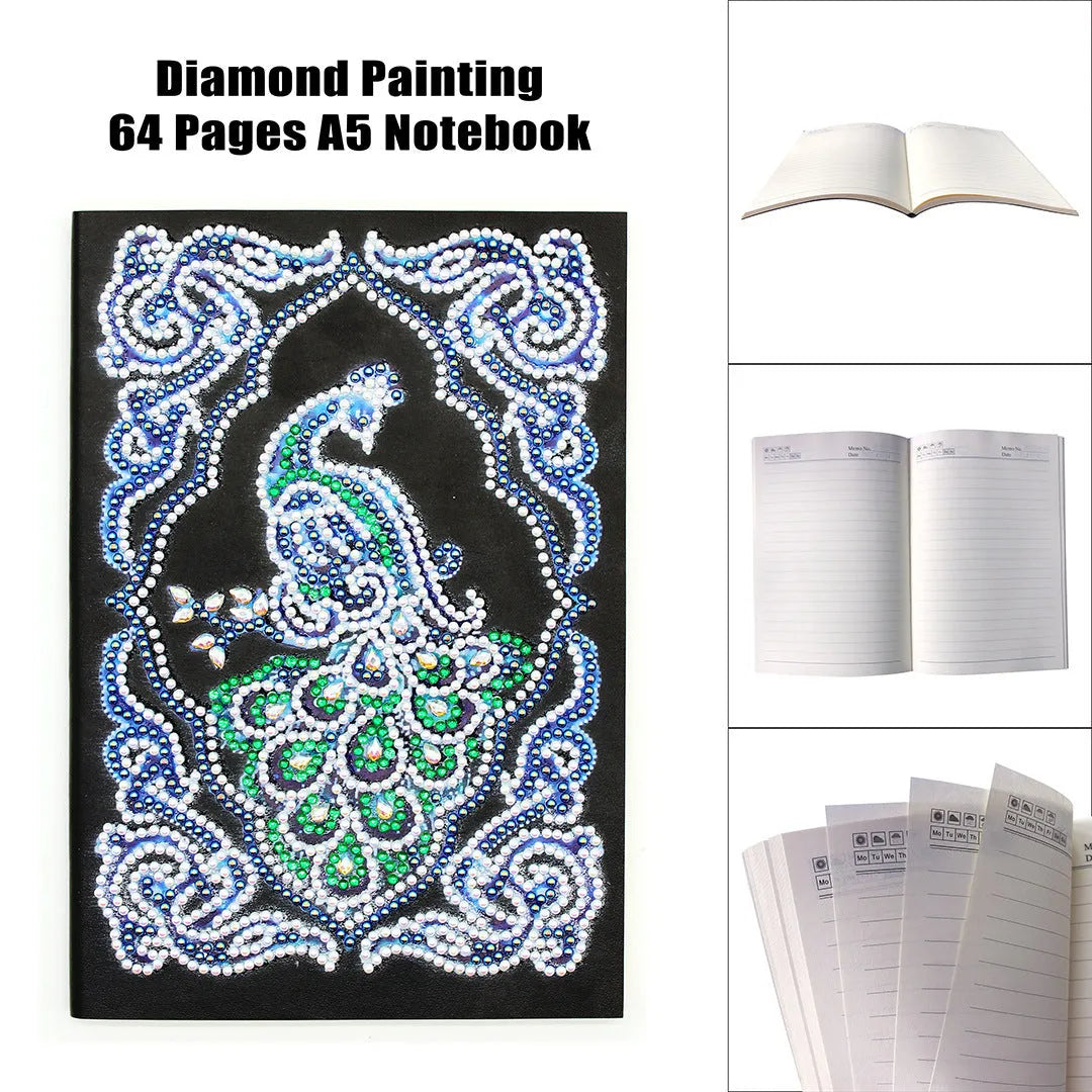 Black A5 diamond painting notebook for creating a peacock-themed journal with shaped drills.