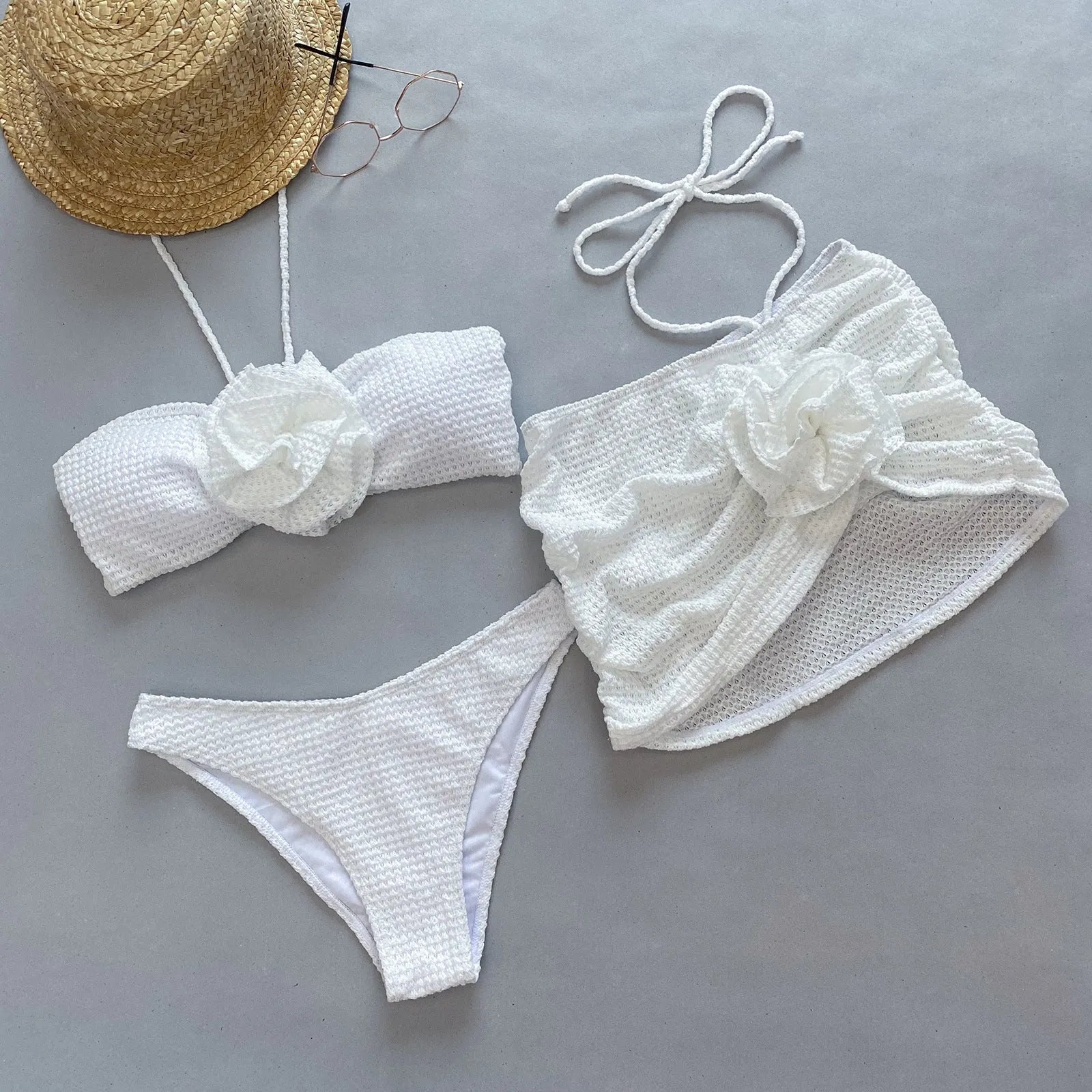Women's 3D flower split swimsuit bikini set in white or purple with high elasticity nylon fabric