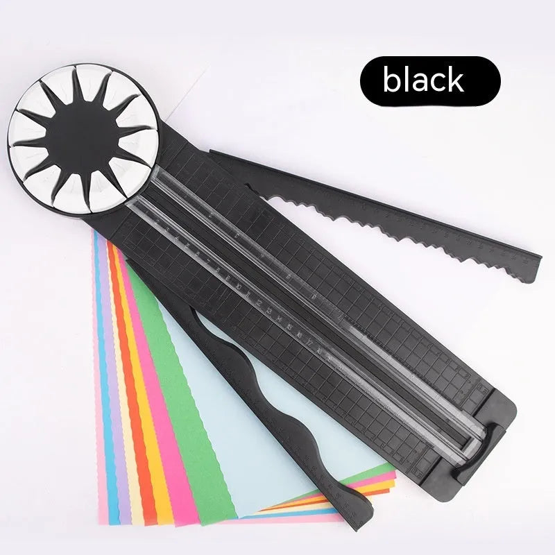 Pink and black 12-in-1 plastic paper cutting machine with dotted guides for A4 paper