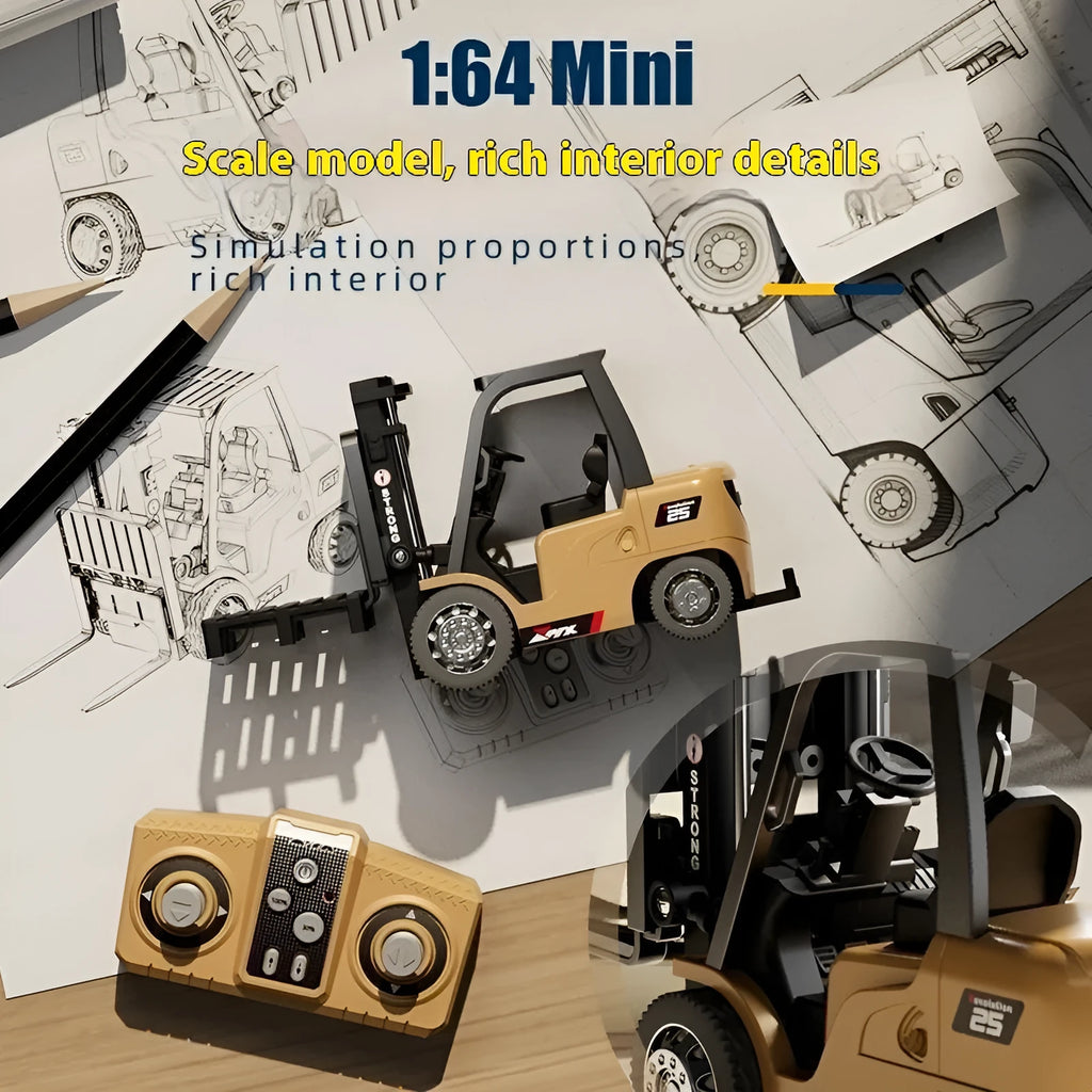1:64 scale alloy remote control forklift with cargo hook, forks and pallet accessories