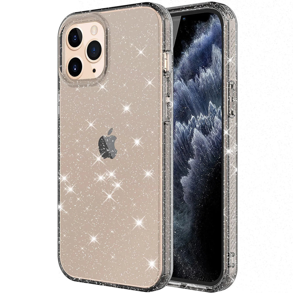 Transparent glitter TPU phone case for iPhone 12 Pro Max on a pink background.
