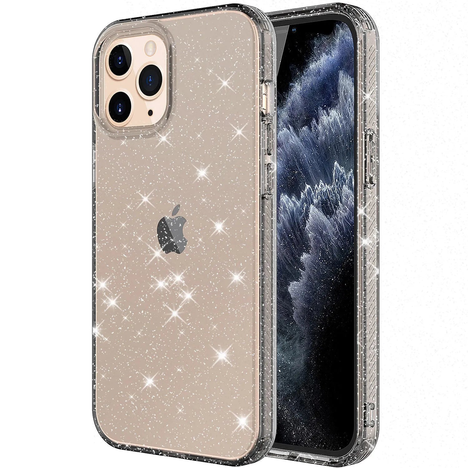 Transparent glitter TPU phone case for iPhone 12 Pro Max on a pink background.