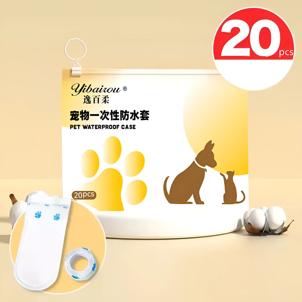 A pack of 20 white disposable non-woven fabric shoe covers for small or medium dogs on a blue background.