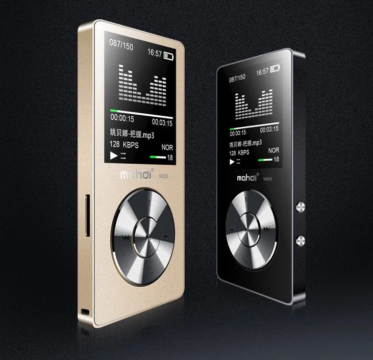 Gold all-metal portable MP3 music player with 1.8-inch screen displayed next to headphones.