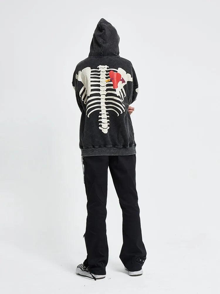 Black printed hoodie with hood and loose fit, 100% cotton, front view