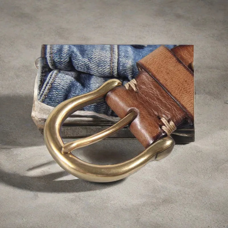 Men's casual leather belt with brass buckle in black brown khaki colours showing adjustable length 95-125cm