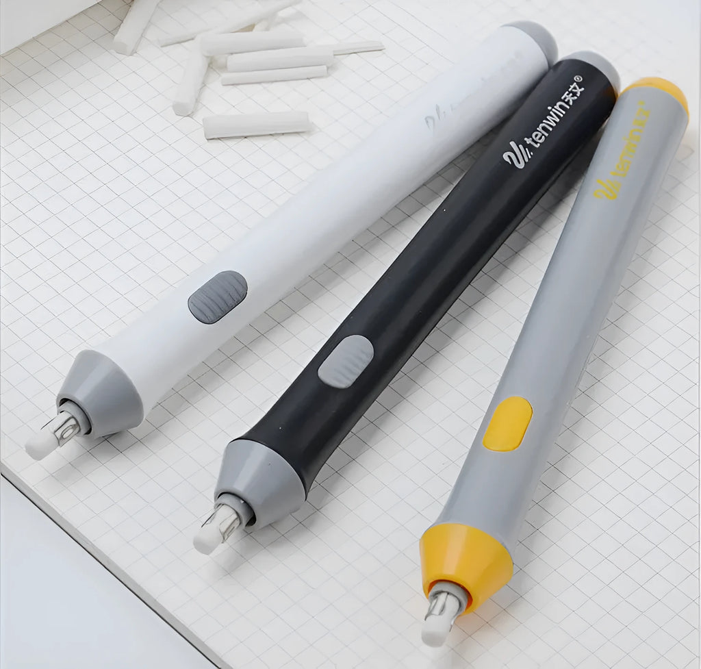 Electric eraser for office supplies, plastic geometry modelling tool 166x15mm, black colour, with visible power button