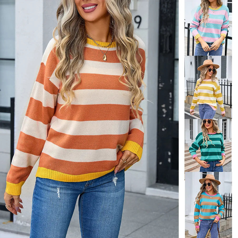 Women's loose fit long sleeve acrylic sweater with floral stripes or plaid pattern in blue colour