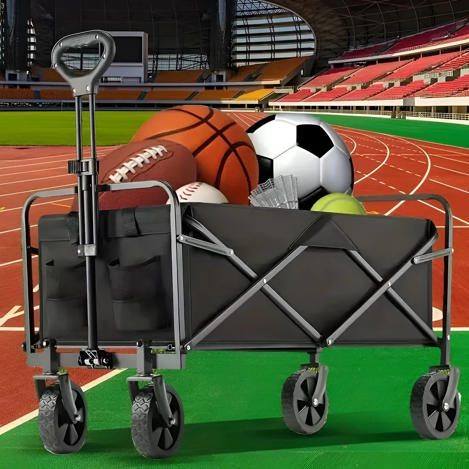 Heavy-duty foldable metal garden wagon cart with a storage box, shown in a collapsed and unfolded state.