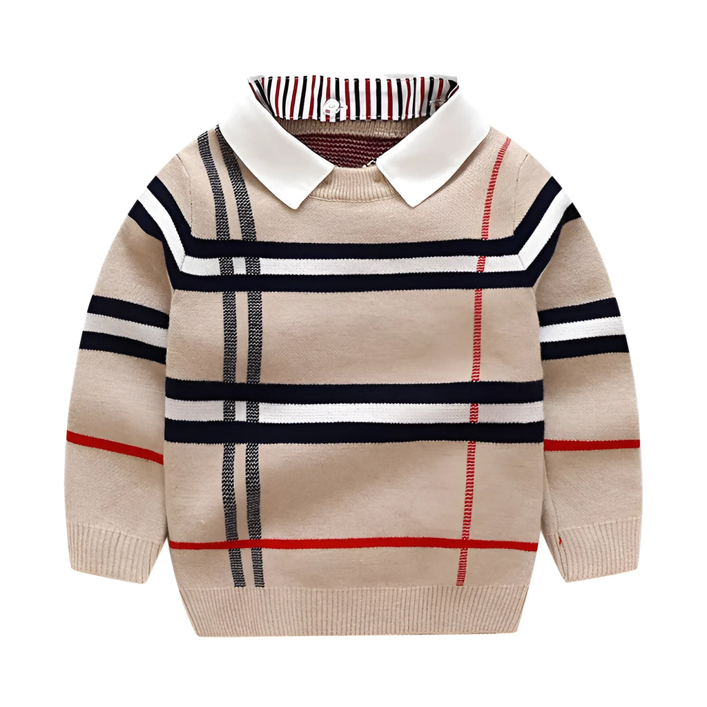 Boys apricot and navy blue plaid jacquard cotton sweater with long sleeves