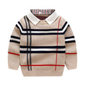Boys apricot and navy blue plaid jacquard cotton sweater with long sleeves