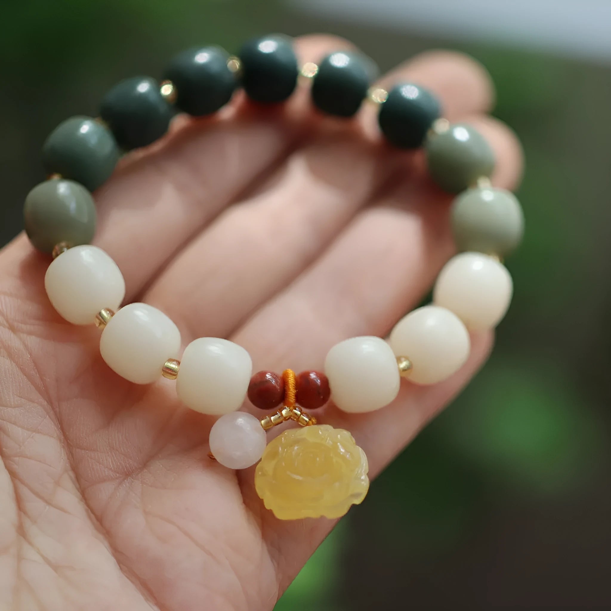 Woven Bodhi root bracelet with gradient white jade colour and natural beeswax Lotus elements, 10mm floral retro design.