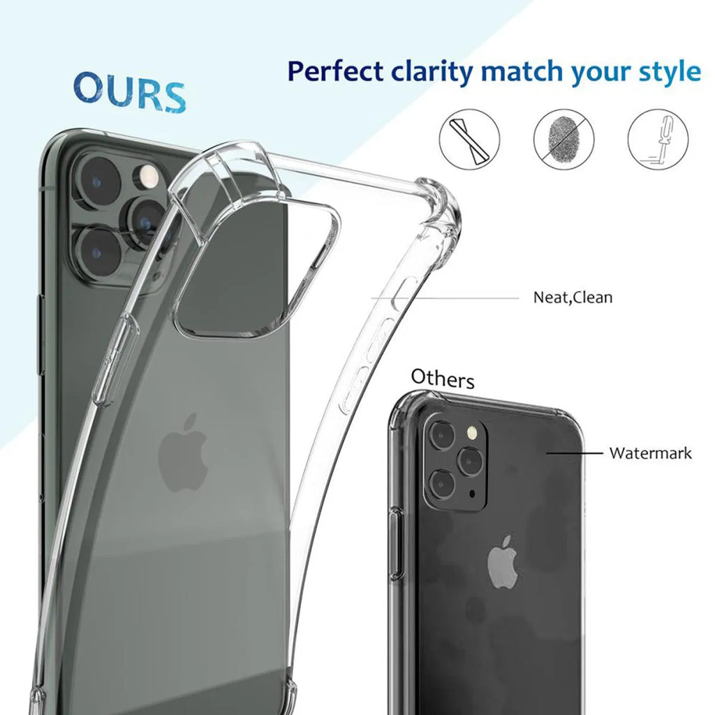 Transparent clear TPU shockproof phone case for Apple iPhone, shown on a table.