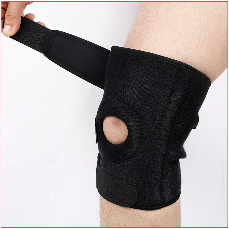 Spring support sports knee pad on a knee, showing nylon mercerised cloth construction.