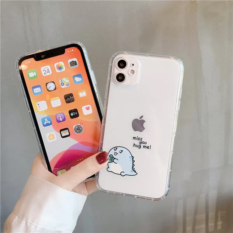Transparent airbag iPhone case with dinosaur design on clear silicone and TPU back cover