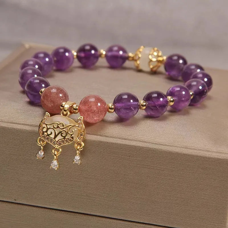 Women's copper longevity lock bracelet with natural amethyst stones and real gold detailing in retro drop-shaped design