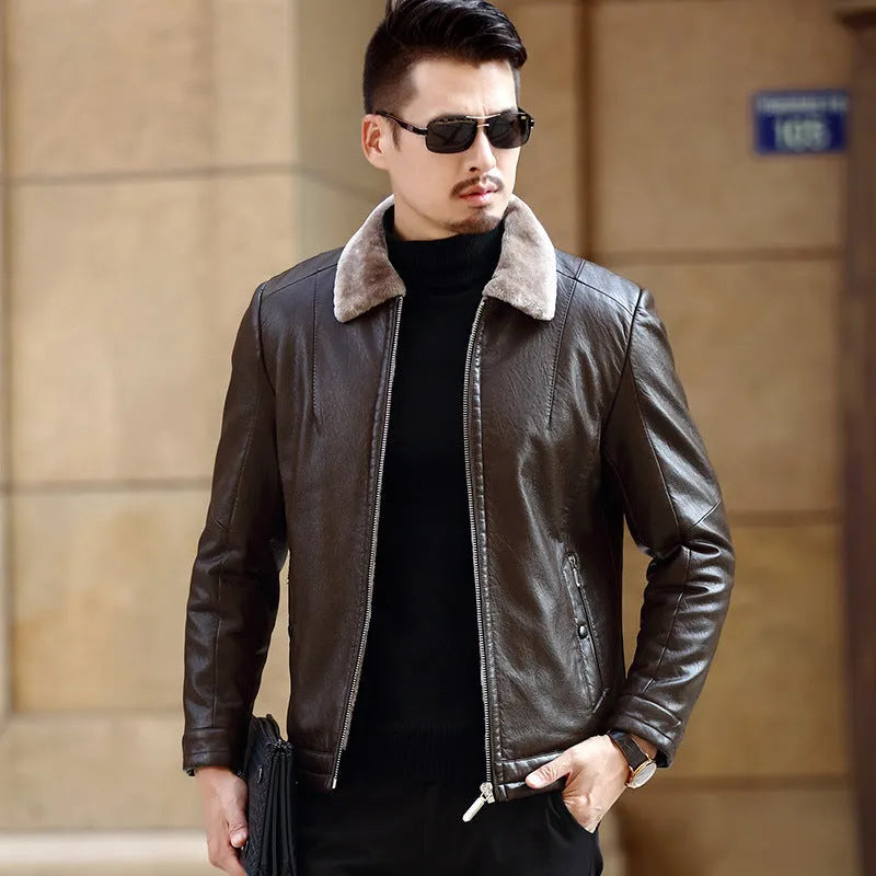 Men's PU leather jacket in Army Green, full front view, with classic motorcycle styling and button closure.
