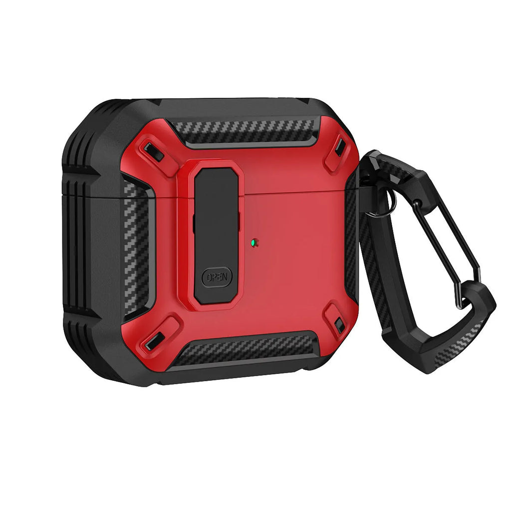 Two-colour plastic clamshell protective case for Apple AirPods with attachment hook.