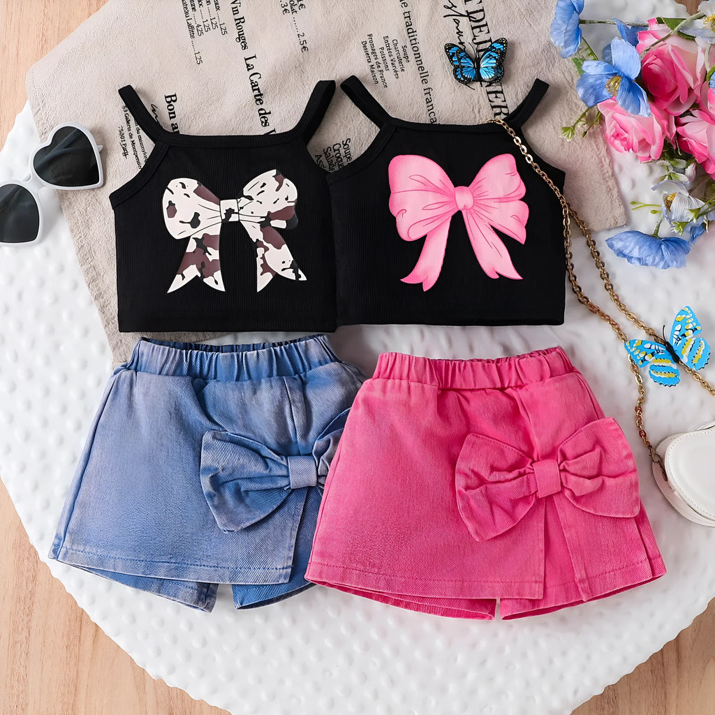 Blue cotton bow print sling pantskirt suit for girls, sleeveless pullover summer outfit