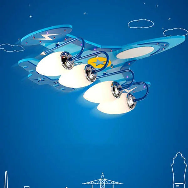 Children's aeroplane themed LED ceiling light with rectangular glass shade and wood frame