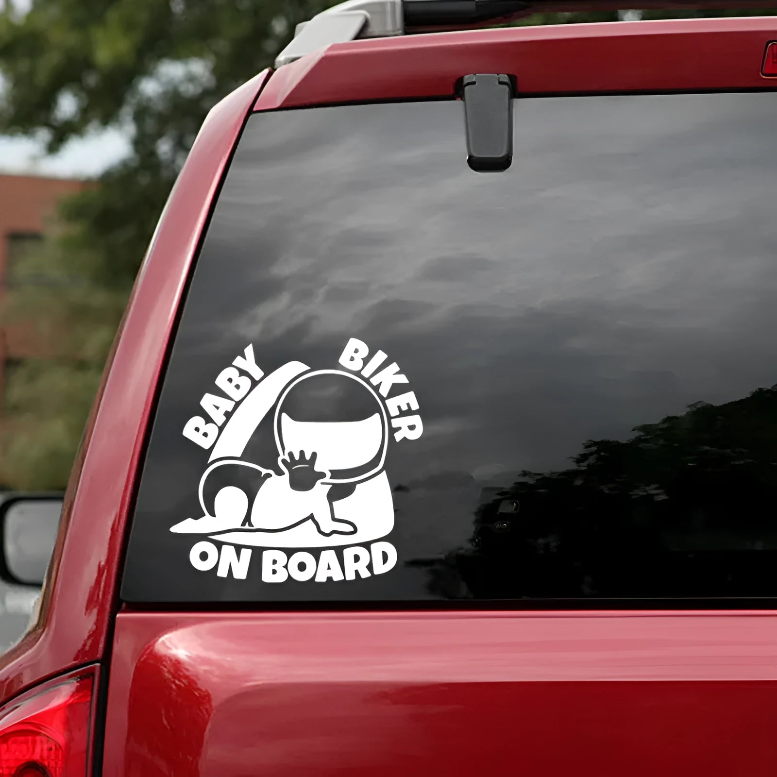 Reflective baby on board car sticker measuring 14.5 by 15 cm in black and white options