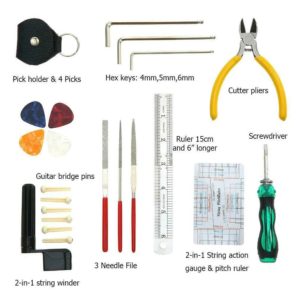 Black plastic and metal guitar repair tool kit for guitar, bass, mandolin, and banjo maintenance