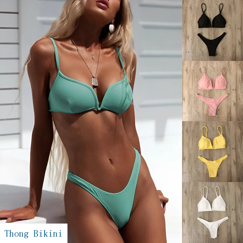 Women's thong bikini swimsuit in polyester with lining, shown in black, blue, pink, or white, sizes S M L