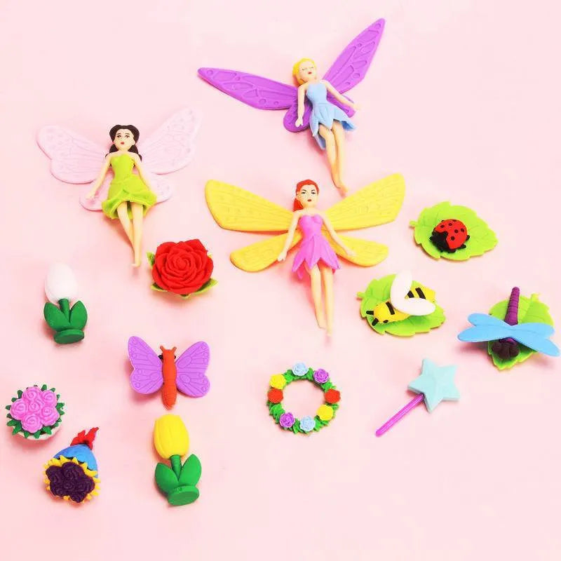 Box of 12 Flower Fairy and Mermaid TPR eraser suits for art modification, each 14x13cm.