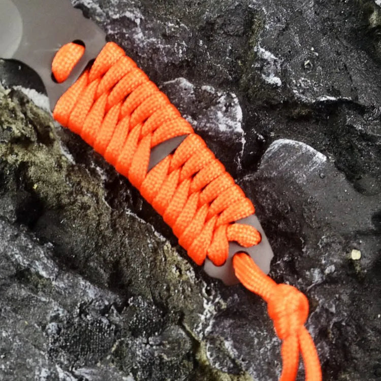 BG197 fixed blade camping survival knife with straight blade, rope-wrapped handle, and black ABS plastic sheath.