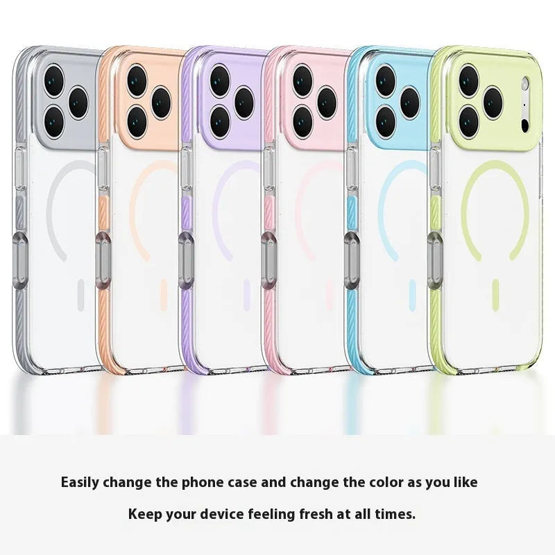 Transparent magnetic protective case for iPhone in candy pink colour, showing clear back and coloured sides.