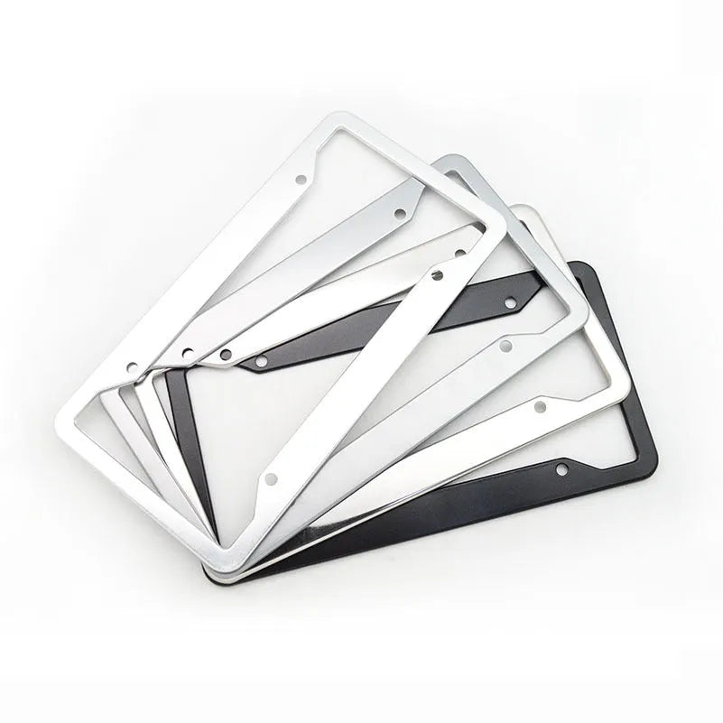 Aluminium alloy licence plate frame in black, light grey, silver, or stainless steel finish for vehicle protection.