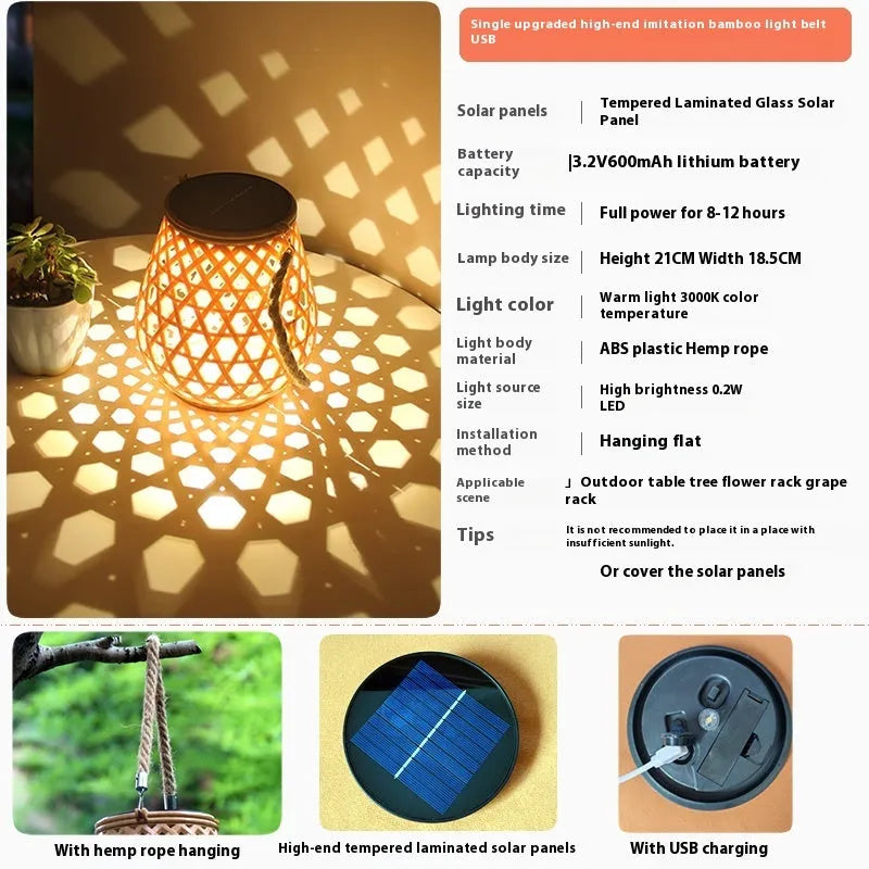 Outdoor solar lantern with imitation bamboo woven plastic shade, hanging in garden, retro hollow design