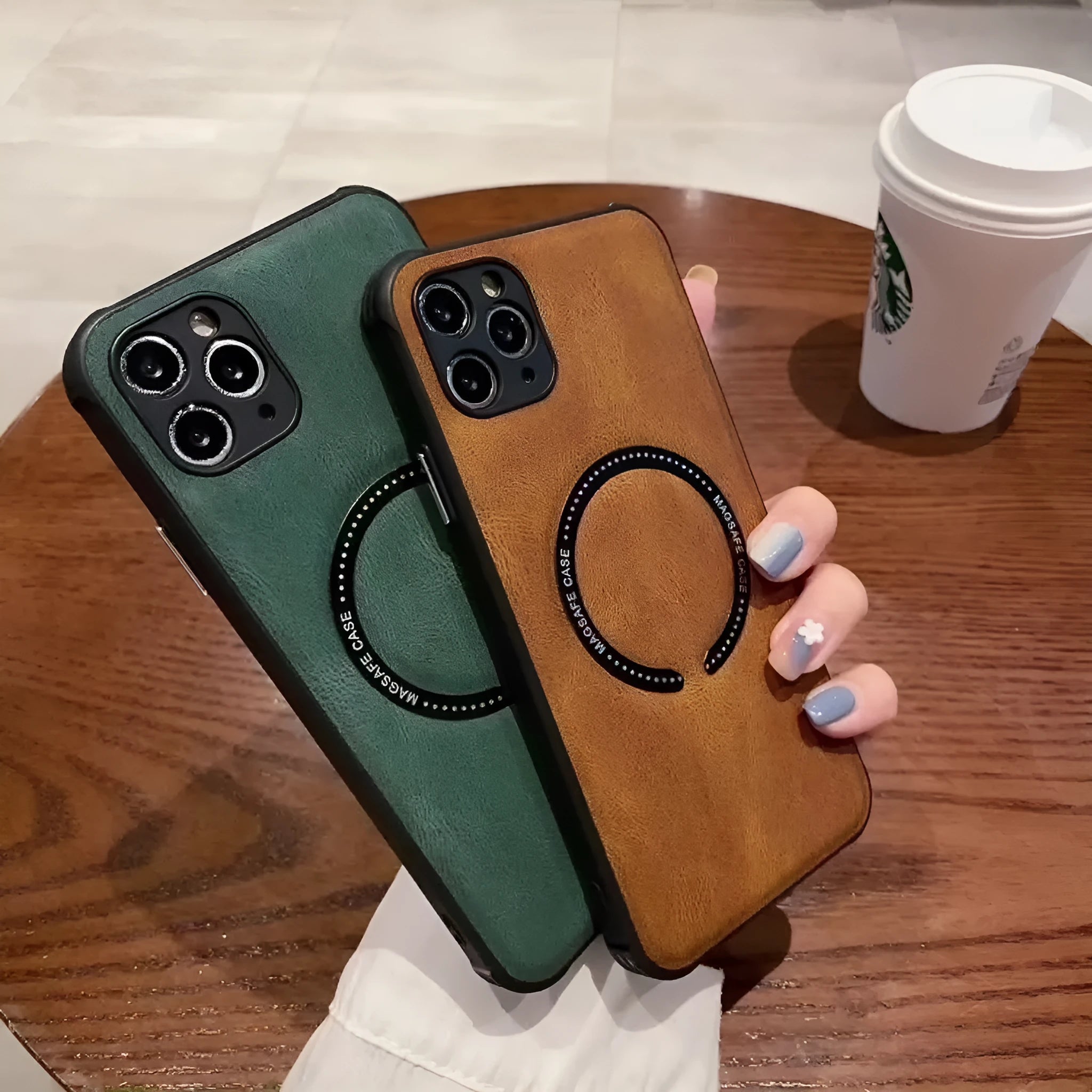 Black imitation leather magnetic charging case for iPhone on a table