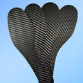 Black 3K carbon fibre running insoles showing textured weave, available in sizes 34 to 48.