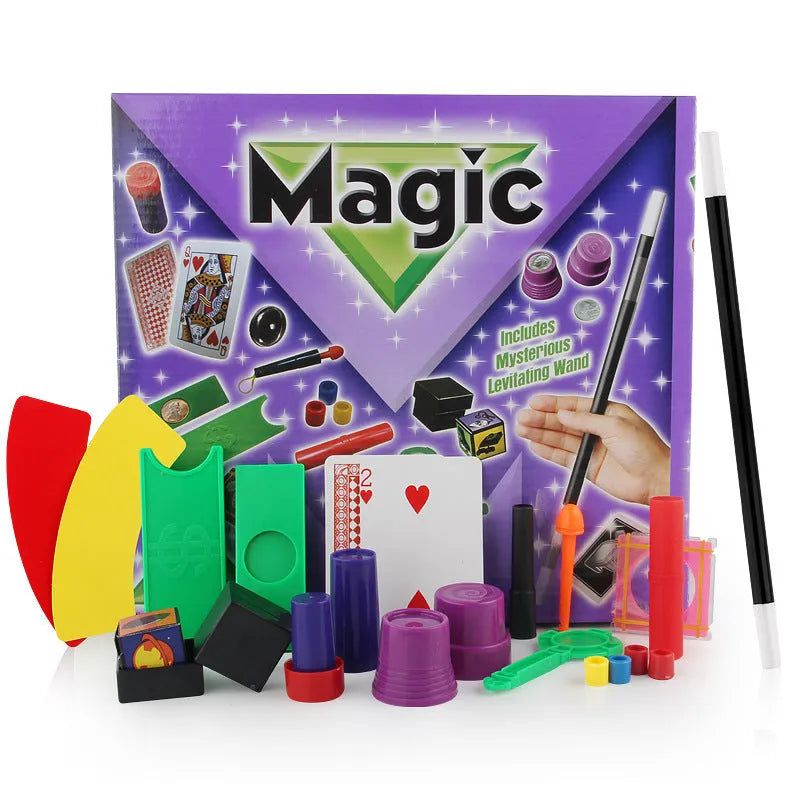 Purple and red plastic magic toy prop set for children aged 3-7 in carton packaging