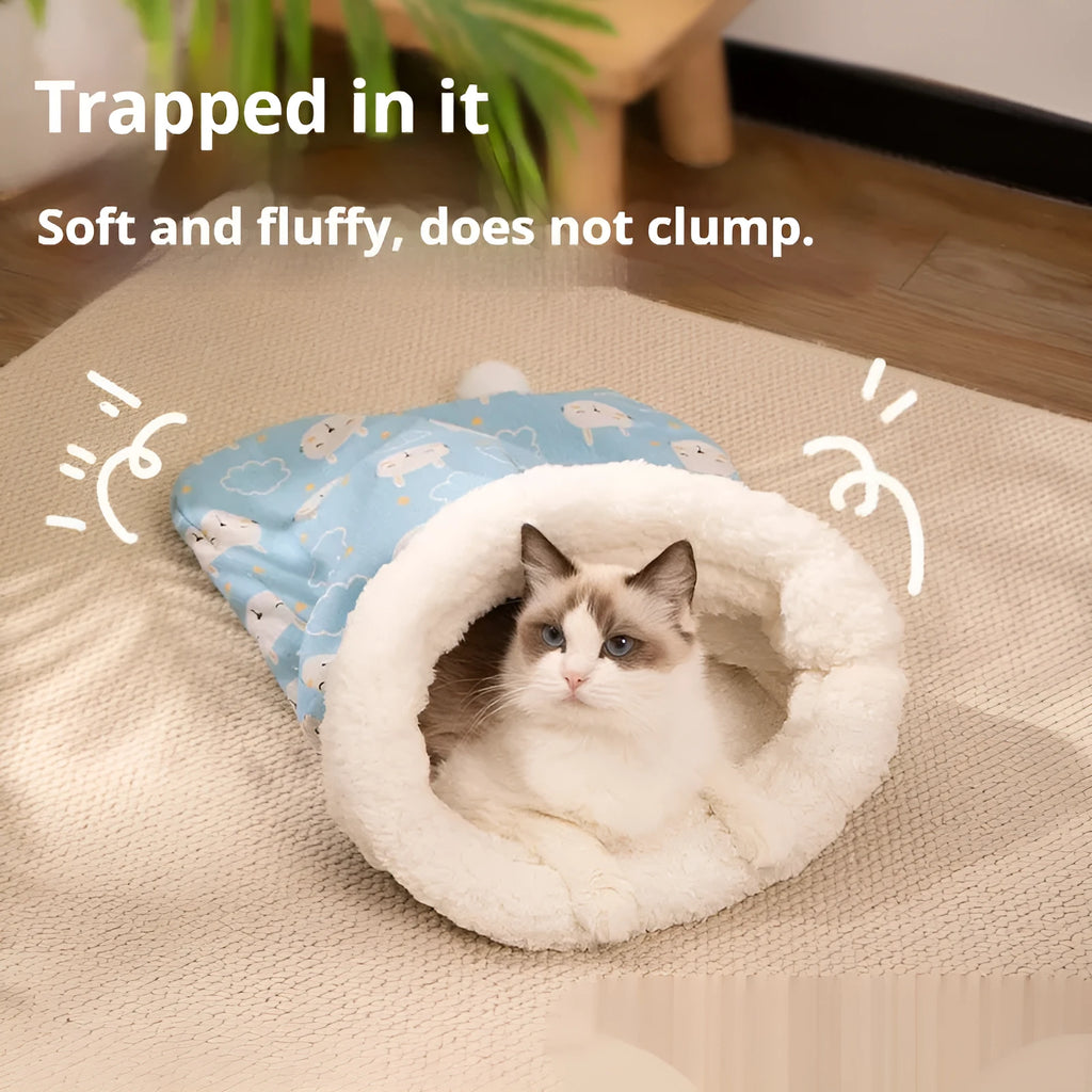 Flannel cat sleeping bag nest pet bed measuring 50x40cm with decorative embroidery