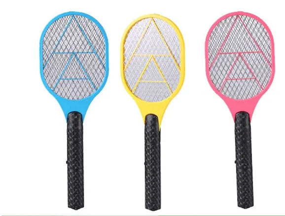 Blue handheld battery electric mosquito swatter with a 45cm long handle and a three-layer metal grid.