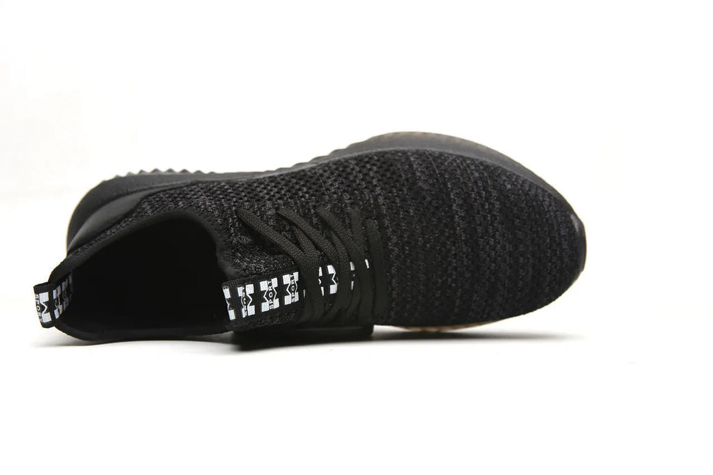Men's low-top safety work shoes with a steel toe cap, available in black, grey, and dark green colours.