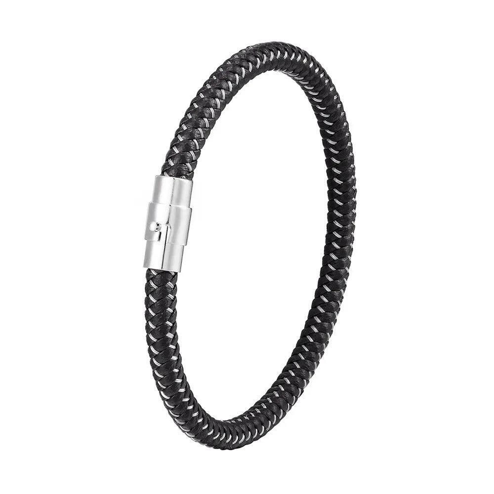 Men's titanium steel geometric wire bracelet with a magnetic clasp in black, shown on a wrist.