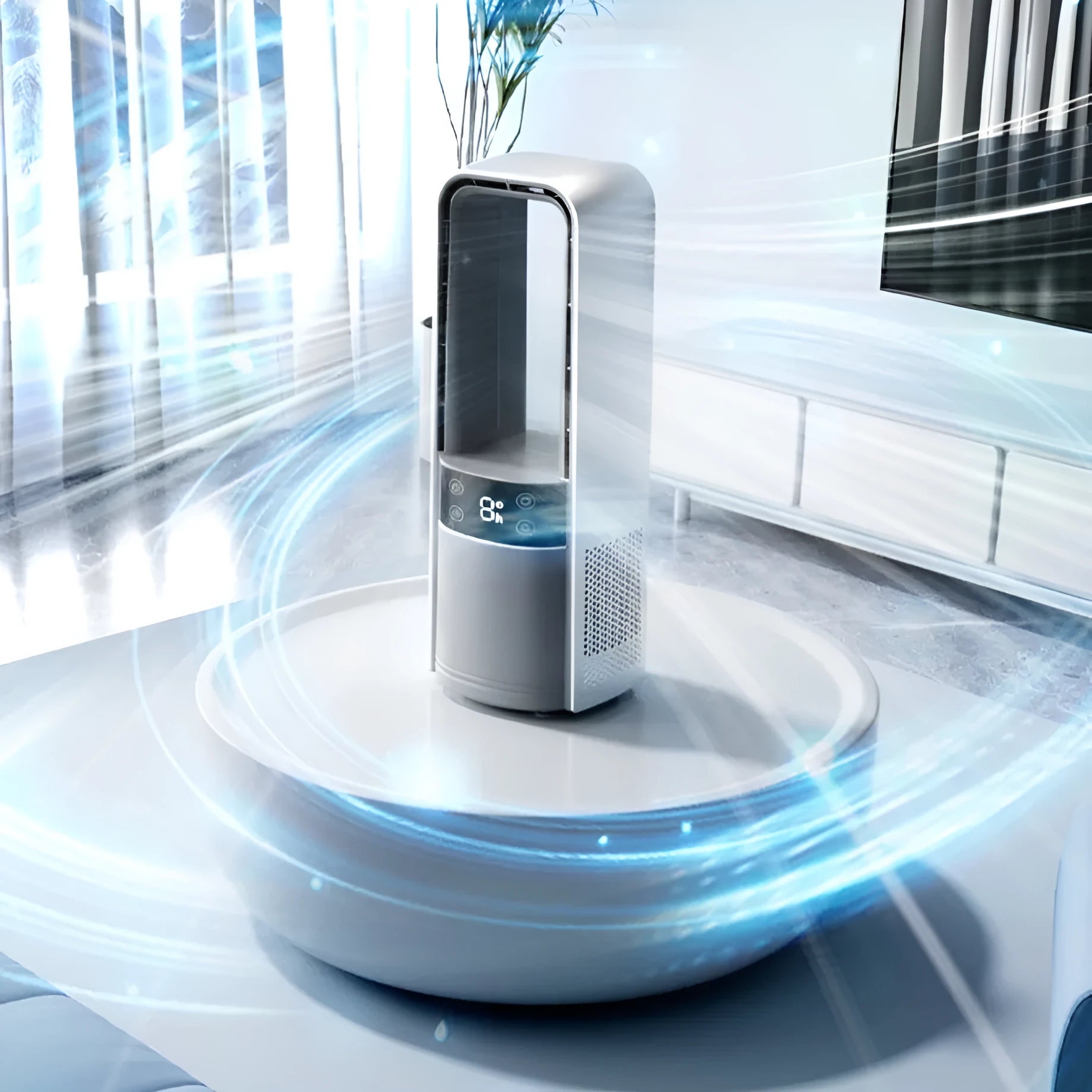 Bladeless twin-turbo ice-sensing fan in light gray with remote control, six speeds, night light, 3500mAh