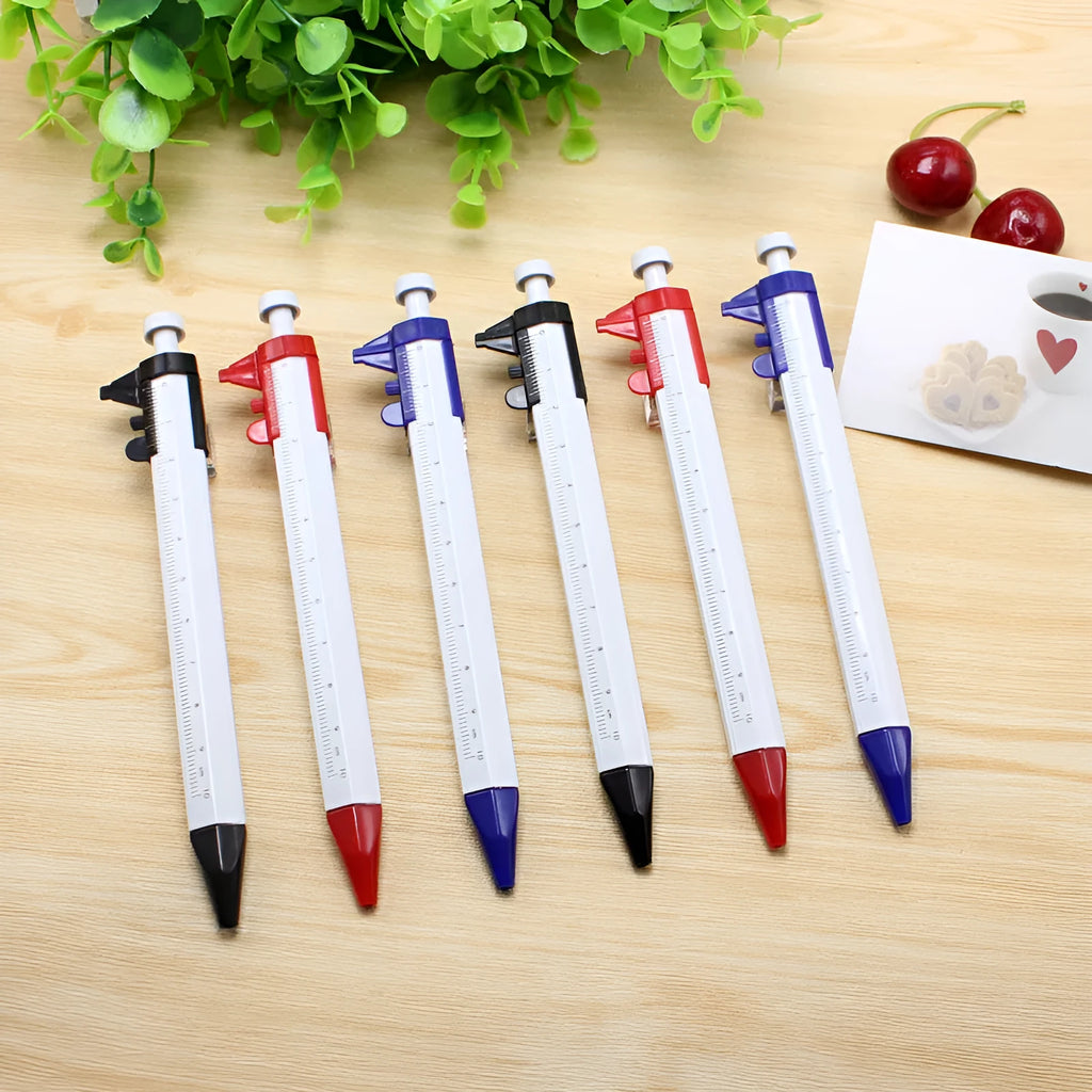 Orange multifunction ballpoint pen with integrated vernier caliper measurement tool showing 15cm length