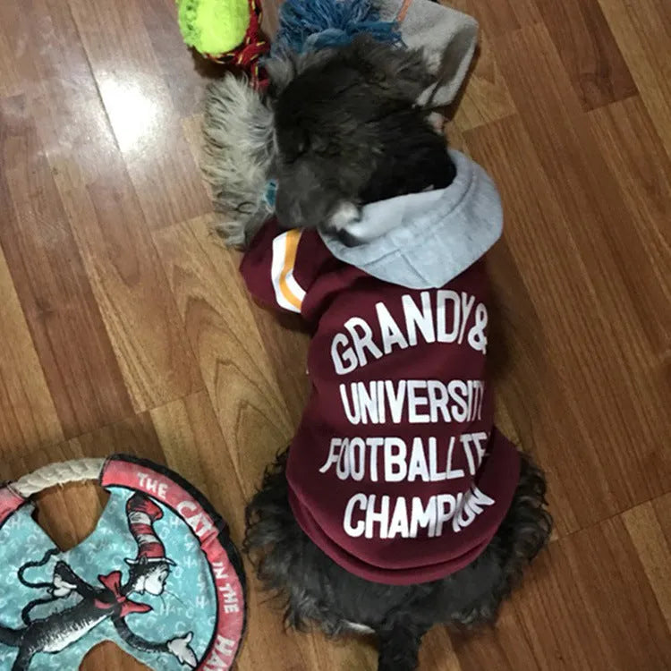 Red pet fleece sweater for dogs, cotton-polyester blend, size XS to XXL on a small dog