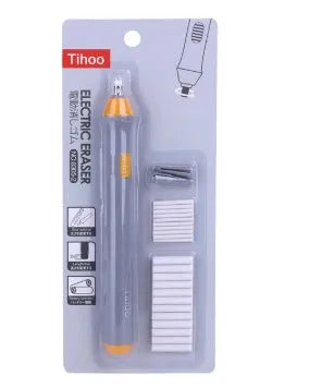 Electric eraser for office supplies, plastic geometry modelling tool 166x15mm, black colour, with visible power button