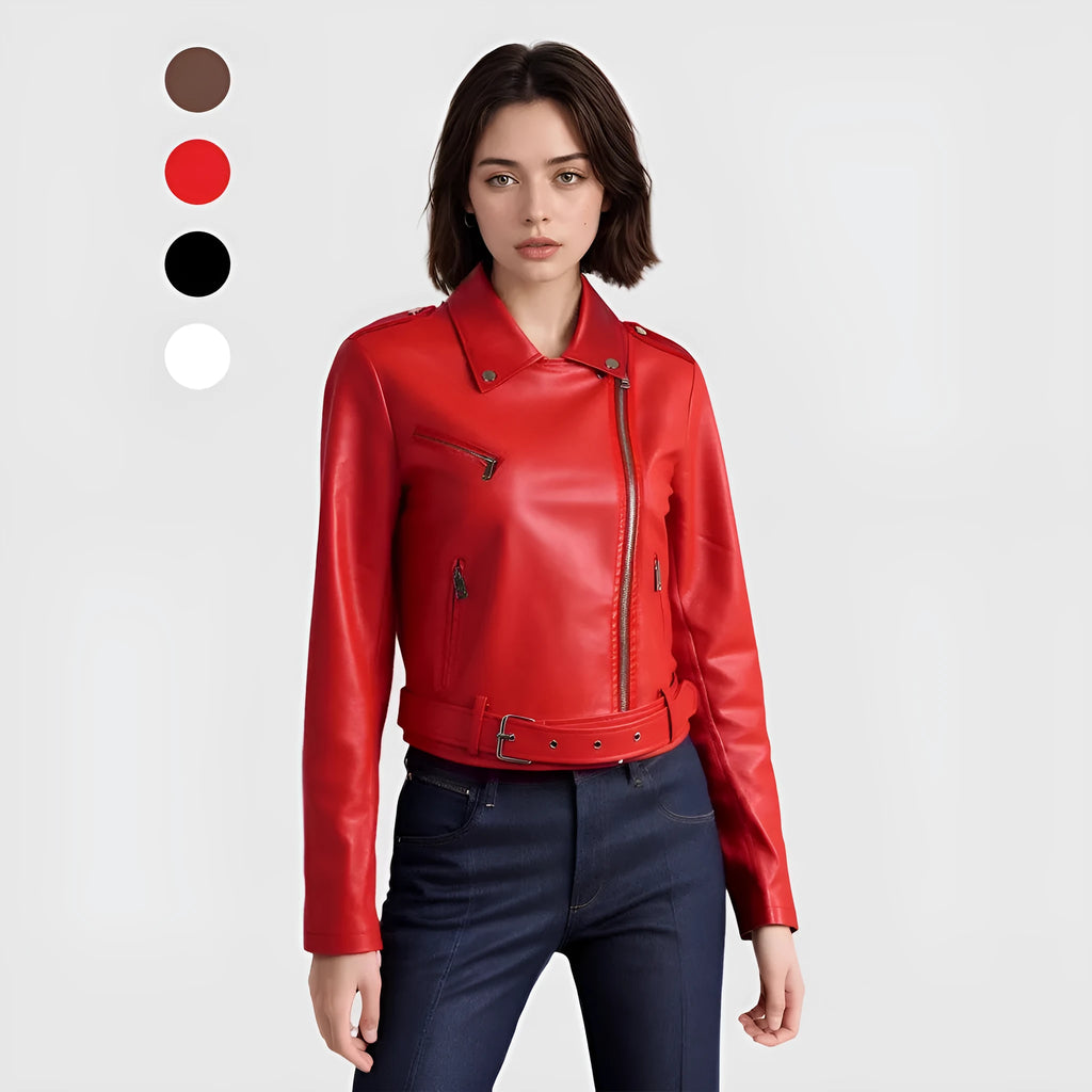 Women's short red PU leather jacket with lapel collar and waist belt on a hanger.