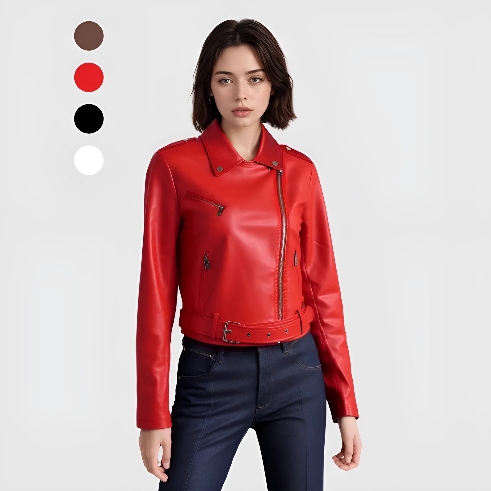Women's short red PU leather jacket with lapel collar and waist belt on a hanger.